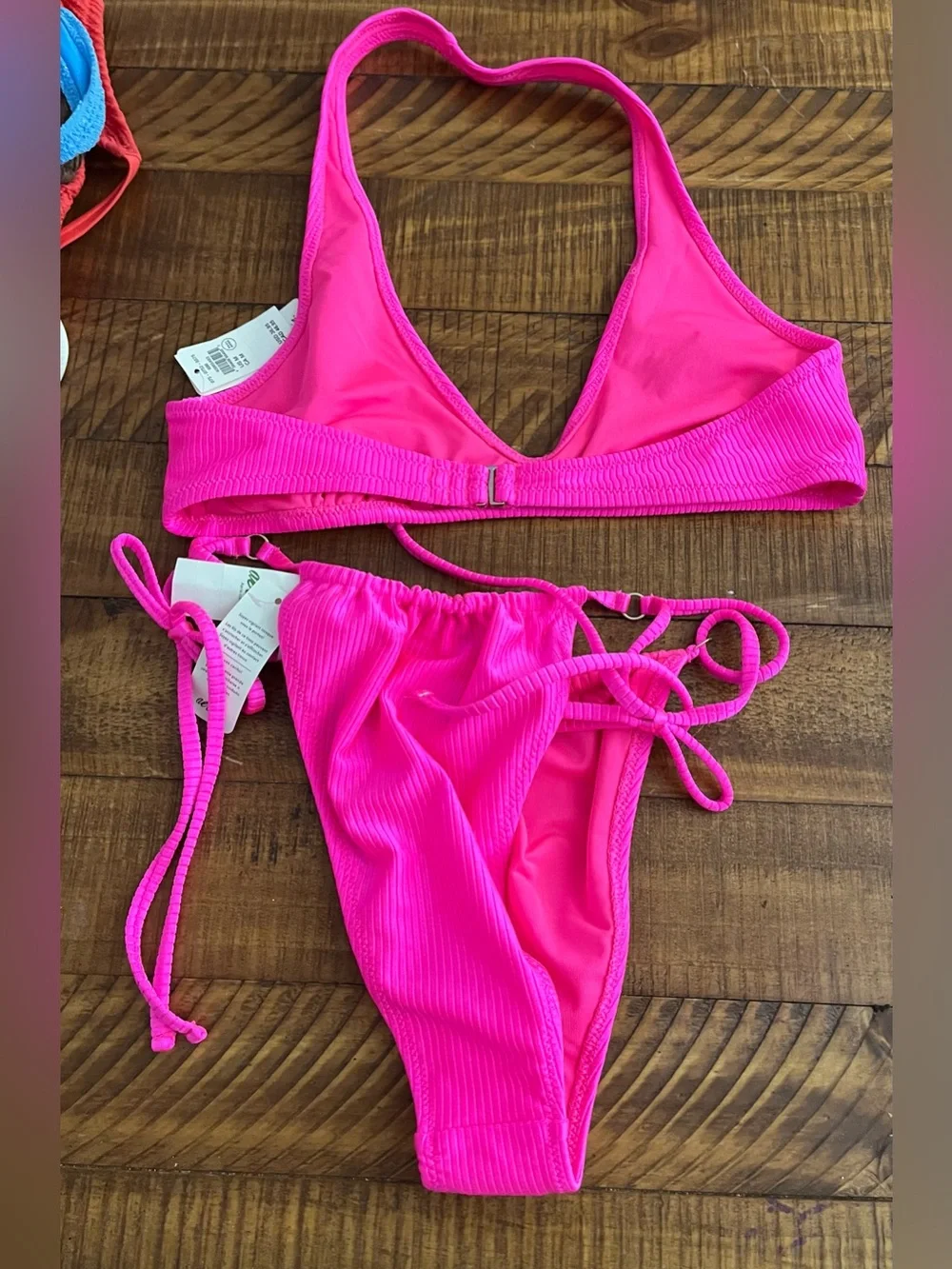 NWT Aerie FULL SET Shine Rib Halter Top + Cheekiest Strappy Bottom Miami Pink